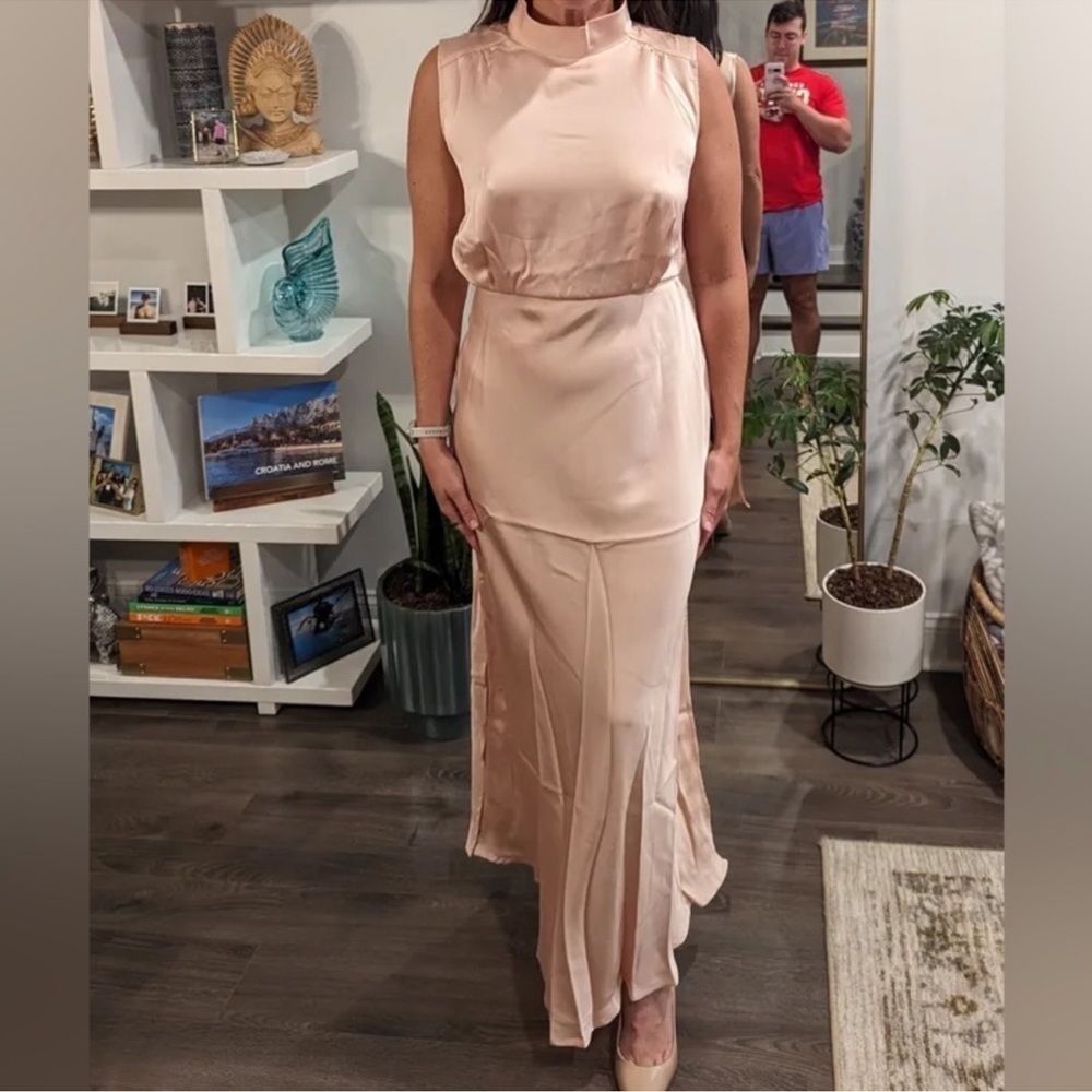 NWOT Classic Elegance Blush Satin Sleeveless Mock Neck Maxi Dress! - Picture 5 of 10